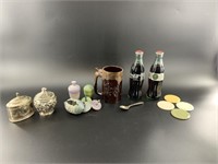 Mixed lot with jewelry dishes, coke bottles unopen