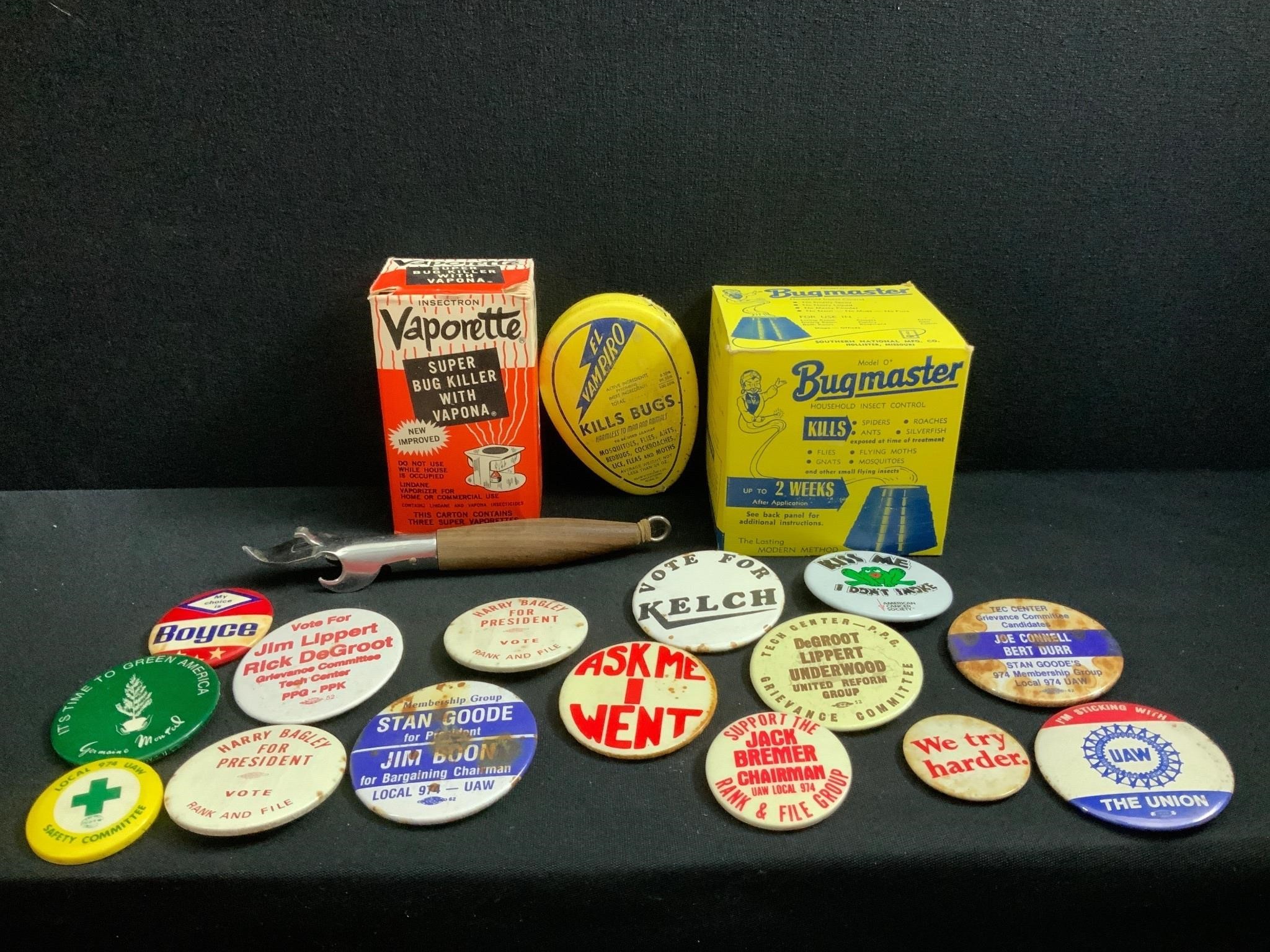 Political Buttons, Vintage Bug Killer-NOS