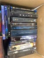 Large box of DVDs and Blue Rays, VHS, etc.