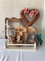 Assorted wood items and wreaths
