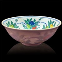 Chinese Famille Rose Bowl With Pink Glaze And Six