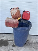 Blue bin with 3 gas cans