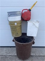 Garbage bin w/ 4 pails & gas can