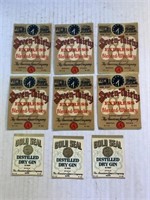 9 unused, whiskey, and dry gin labels
