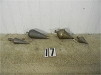 4 – Various steel tipped plumb bobs, G-Vg.