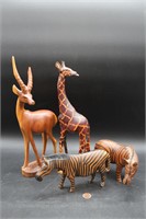 Carved Wood Giraffe, Antelope & 2 Zebras