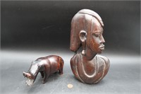 African Maasai Bust + Roaring Hippo Wood Sculpts.