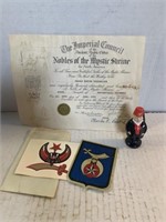 Shriner certificate with hand, painted shiner,