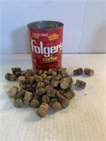 Vintage corks in Folgers, coffee tin