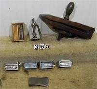 Tray lot assorted tools: wooden leather/saw vise