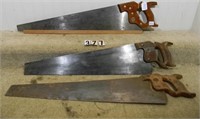 Three various hand saws. One is marked Disston,