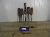 Tray lot assorted tools: Meat cleaver; (?) 1ft.