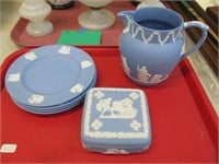 Wedgewood Covered Box, Pitcher, 4 Plates.