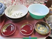 Green Pyrex Bowl + Signed Pottery Bowls +