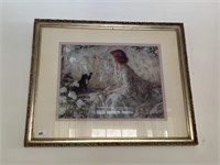 WOMAN W/ CAT AND PEARLS PRINT FRAMED SILVER TONE