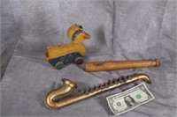 Lot of Antique Toys. Wood Bat. Duck. Saxophone