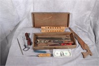 Antique Toolbox. Wooden Box. Saw IcePick