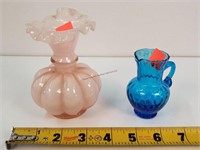 5" Fenton Peach Ruffle Vase & 3" Blue Pitcher