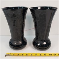 2- 10" Etched Peacok Design  Black Vases