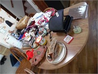 GROUP OF ITEMS ON ISLAND, TOWELS, CHECKER SET ETC.