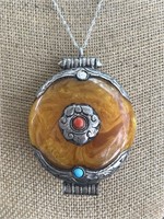 Unusual Sterling Silver Necklace w/ Orange Stone