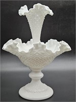 Milk Glass One Horn Epergne. Diamond lace pattern