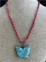 Carved Turquoise, Coral Bead & Sterling Silver