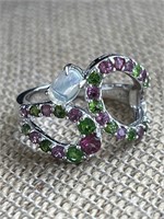 Sterling Silver Ring w/ Opal, Pink Rubies &