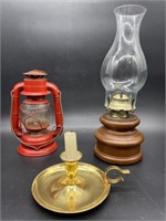 (3) Wood Base Hurricane Lamp, Dietz Comet