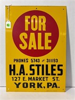 H. A. STILES York, PA vintage metal - 20” x 14”