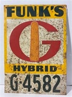 Funks hybrid seed corn tin tacker sign - 13 1/2”