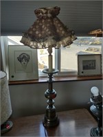 Tall Silver Lamp with brown floral frilly shade