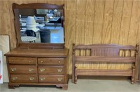Maple finish dresser with mirror and double bed