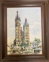 Krakow Church Watercolor Painting Signed