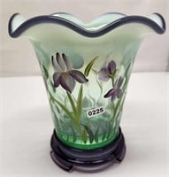 Green Opalescent  Plum Crest HP Frip Vase w/Base
