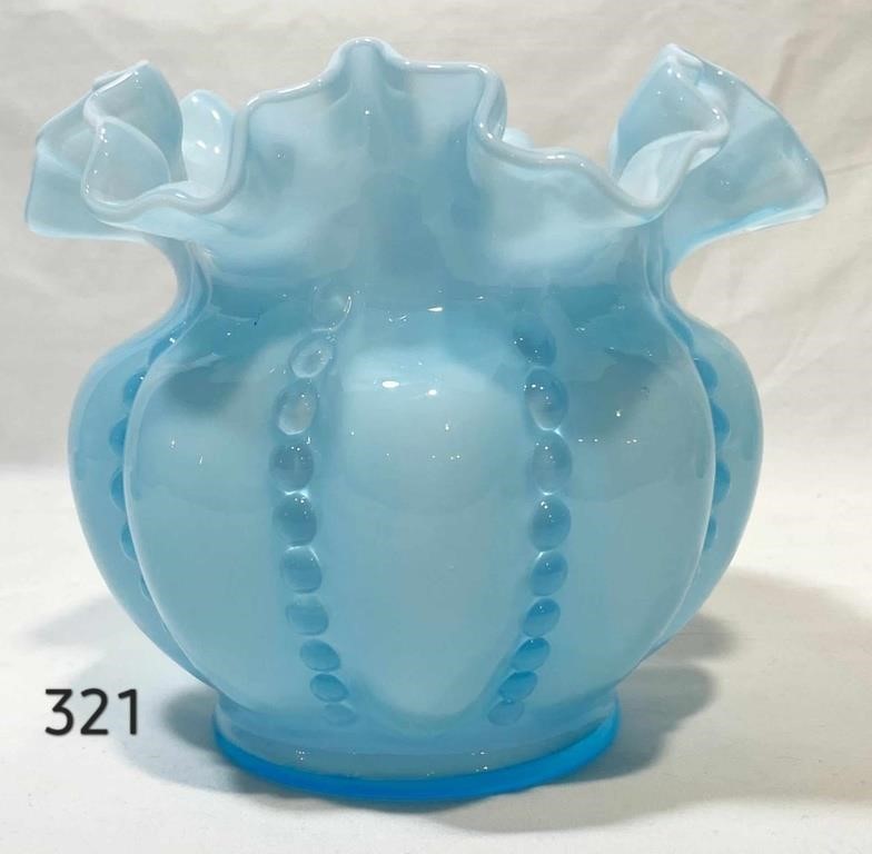 Blue Overlay Beaded Melon Vase 5 1/2" Tall