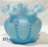 Blue Overlay Beaded Melon Vase 5 1/2" Tall