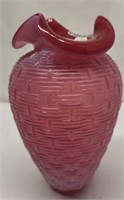 Cranberry Opaline Basketweave Vase 1990