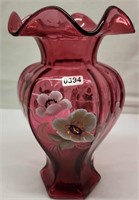 White Poppies on Cranberry Hex Vase by D. Cutshaw