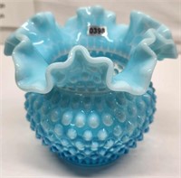 Blue Opalescent Hobnmail Round Vase 5 1/2" Tall