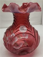 Cranberry Opalescent HP Vase by A. Meeks 7 3/4"T