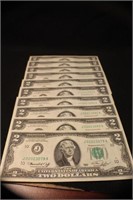 Lot of 10 1976 Uncirculated Consecutive $2 Bills