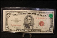 1953-C $5 Red Seal Bank Note Miss Cut