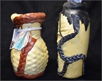2 Chippewa Hand Made Leather Wrapped Pottery Jars