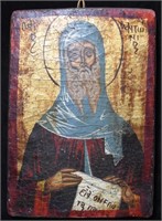 19th Century St Anthony Hand Painted Icon on Wood