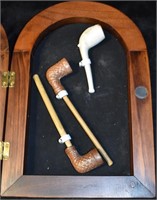 Three Old Clay Stemmed Pipes w/ Display Case
