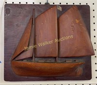 Carved Wood Half Hull Ship. 12x10.75" Blue Nose