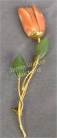 18k Gold Coral And Jade Flower Form Bruce Pin 4.5