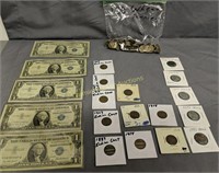 5 Blue Seal $1 Bills, 5 Indian Head Pennies,