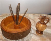 Retro Carved Wood Live Edge Nut Bowl & Small Vase